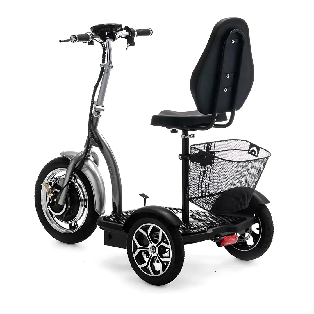 The product is an Electric Mobility Scooter, model Veleco ZT16. The image shows a three-wheeled scooter with a comfortable seat and handlebars. A mesh basket is located at the back for storage, allowing easy transport of small items. The scooter is designed for comfortable and safe riding.