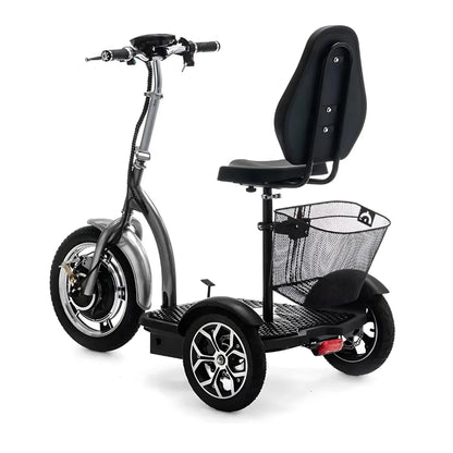 The product is an Electric Mobility Scooter, model Veleco ZT16. The image shows a three-wheeled scooter with a comfortable seat and handlebars. A mesh basket is located at the back for storage, allowing easy transport of small items. The scooter is designed for comfortable and safe riding.