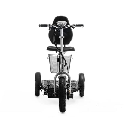 The product is an Electric Mobility Scooter, model Veleco ZT16. The image shows the front part of the scooter, which features a comfortable seating area and handlebars. A metal basket is visible at the front, perfect for storing smaller items. The scooter has wide tires, ensuring stability and a comfortable ride.