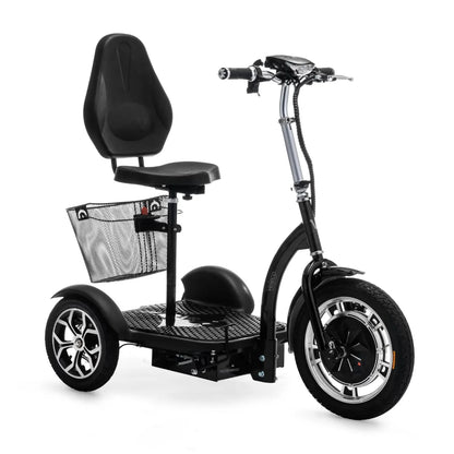 The product pictured is an electric mobility scooter, model Veleco ZT16. The image shows the scooter with a wide platform, a comfortable seat, and a front storage basket. It has three wheels, which ensures stability, and control levers for easy driving. The scooter's color is black, giving it a modern look.