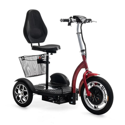 The product pictured is an Electric mobility scooter, model Veleco ZT16. It features a comfortable seat and a wide footboard, ensuring ease of use. A mesh storage basket is located at the back, and large wheels are visible at the front, providing stability and a comfortable ride. The scooter's red color gives it an attractive appearance.