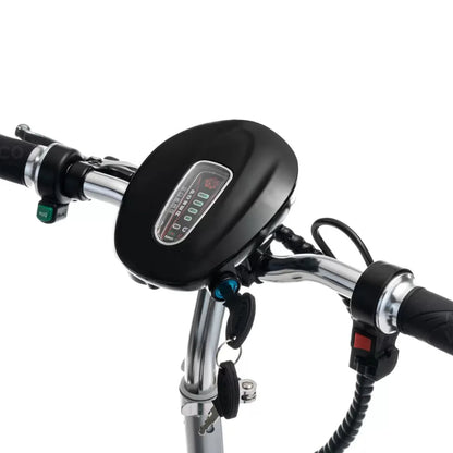 The product is an Electric Mobility Scooter, model Veleco ZT16. The image shows a part of the handlebars with a digital display that shows speed and battery status. Control buttons and a key lock are also visible, indicating the scooter's functionality and security. The handlebars are made of metal, giving the product a robust appearance.