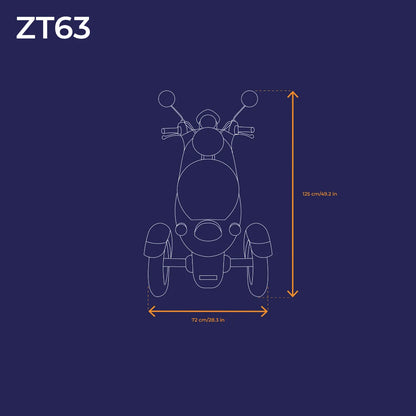 Izdelek je električni mobilni voziček, model ZT63. Na sliki je prikazan načrt vozička z merami, ki vključujejo višino 125 cm in širino 72 cm. Vidne so tudi krmilo in kolesa, kar nakazuje na njegovo zasnovo in funkcionalnost. Barvna podlaga je temno modra, kar dodatno poudarja obliko vozička.