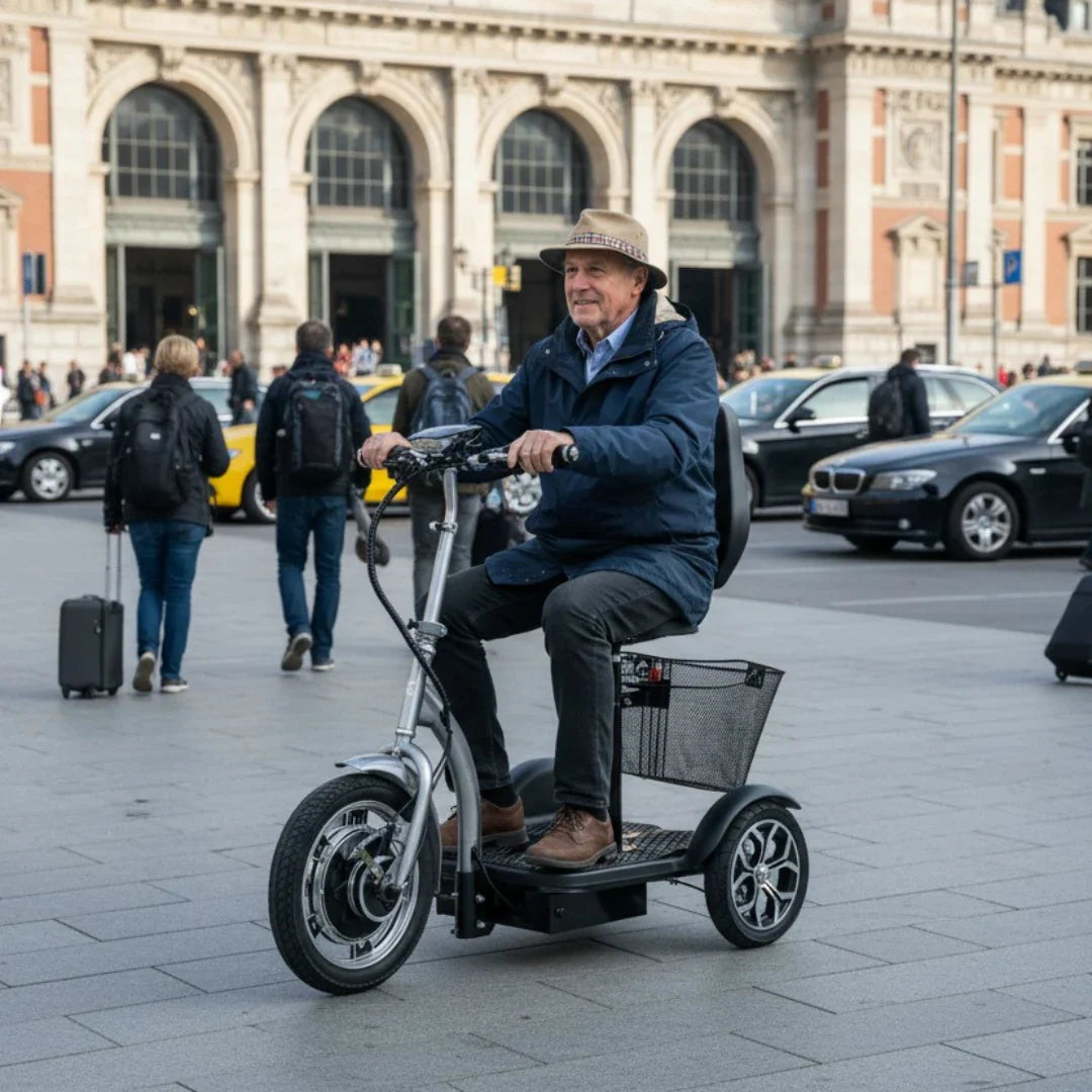 The product in the image is an electric mobility scooter, model Veleco ZT16. In the picture, we see an elderly man driving the scooter through a town square. The scooter has three wheels, a comfortable seat, and a storage basket. Pedestrians and cars are visible in the background, indicating an urban environment.