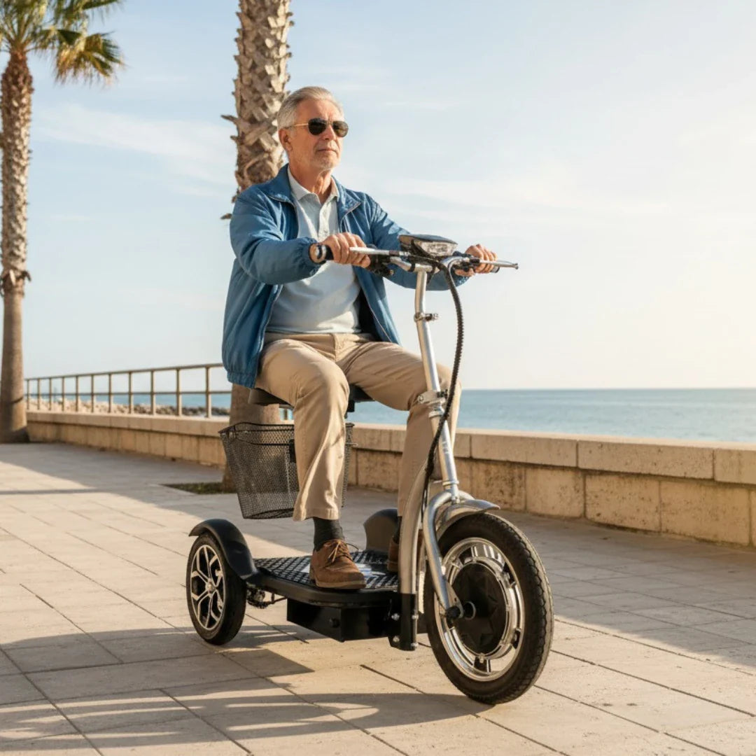 The product in the image is an Electric mobility scooter, model Veleco ZT16. The image shows an older man driving the scooter along the coast, surrounded by palm trees. The scooter has wide tires and a seat, ensuring a comfortable ride. The handlebars with control elements are visible at the front, and the scooter is designed for easy maneuvering.