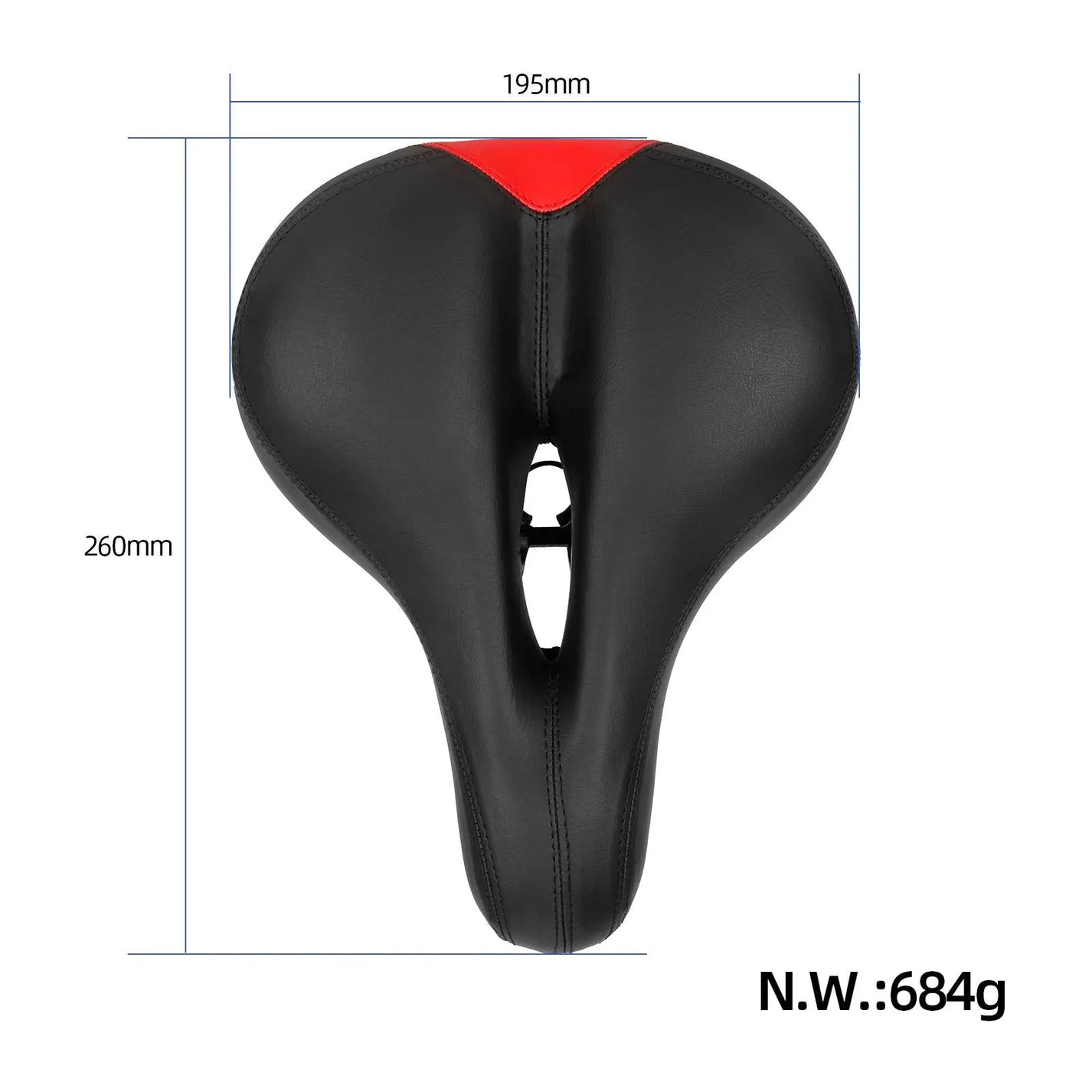 Tlorisni pogled na kolesarski sedež z označenimi dimenzijami 260 mm krat 195 mm in težo 684 g