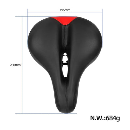 Tlorisni pogled na kolesarski sedež z označenimi dimenzijami 260 mm krat 195 mm in težo 684 g