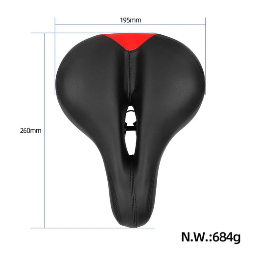 Tlorisni pogled na kolesarski sedež z označenimi dimenzijami 260 mm krat 195 mm in težo 684 g