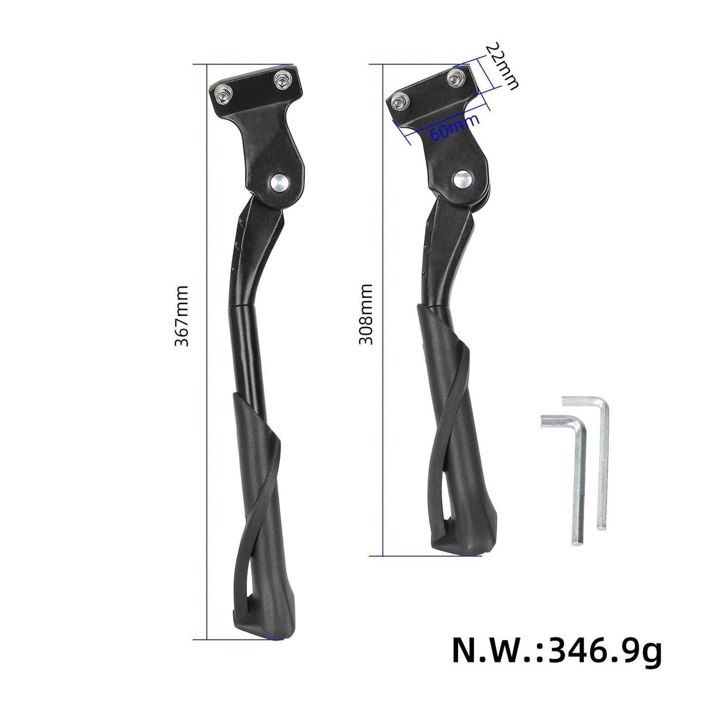 Dimenzijska skica kolesarskega stojala z nastavljivo dolžino od 308 mm do 367 mm in težo 346,9 g