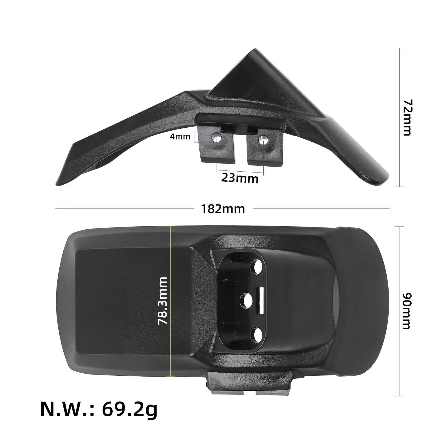 Zadnji blatnik z vrisanimi merami 182 mm dolžine, 90 mm širine in težo 69,2 g za KuKirin G2 Pro DB