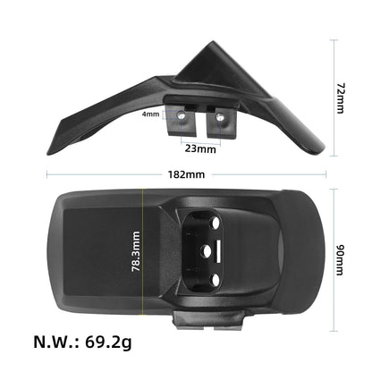 Zadnji blatnik z vrisanimi merami 182 mm dolžine, 90 mm širine in težo 69,2 g za KuKirin G2 Pro DB