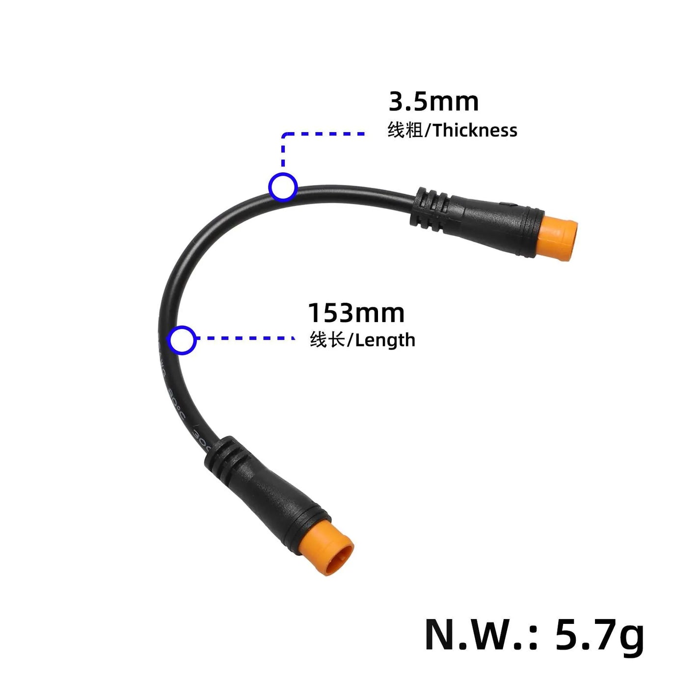 Povezovalni kabel z oznakami dimenzij: debelina 3,5 mm, dolžina 153 mm in masa 5,7 g
