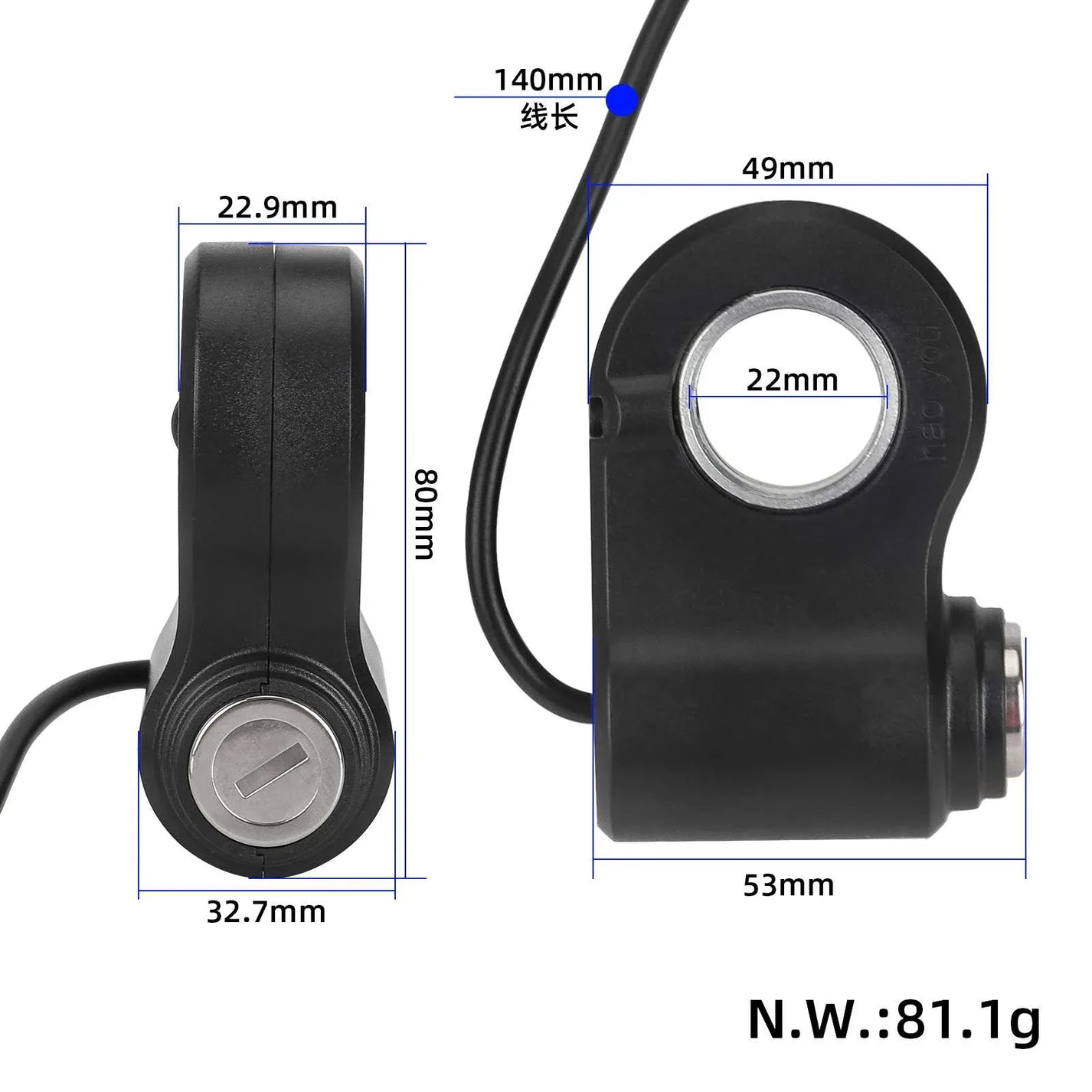 Dimenzijska skica električne ključavnice z merami 80 mm višine, 22 mm odprtine in 140 mm kabla za KuKirin G2 Max