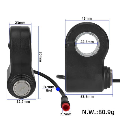 Dimenzije ohišja ključavnice, 22,5 mm odprtine za krmilo in 137 mm dolžine kabla z oznako mase 80,9 g za KuKirin G2 Pro