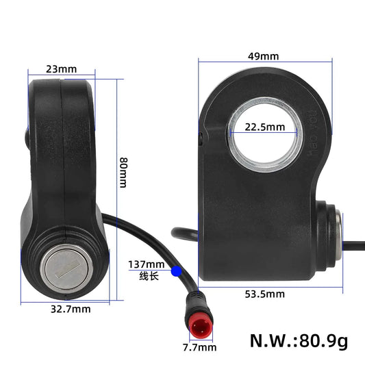 Dimenzije ohišja ključavnice, 22,5 mm odprtine za krmilo in 137 mm dolžine kabla z oznako mase 80,9 g za KuKirin G2 Pro