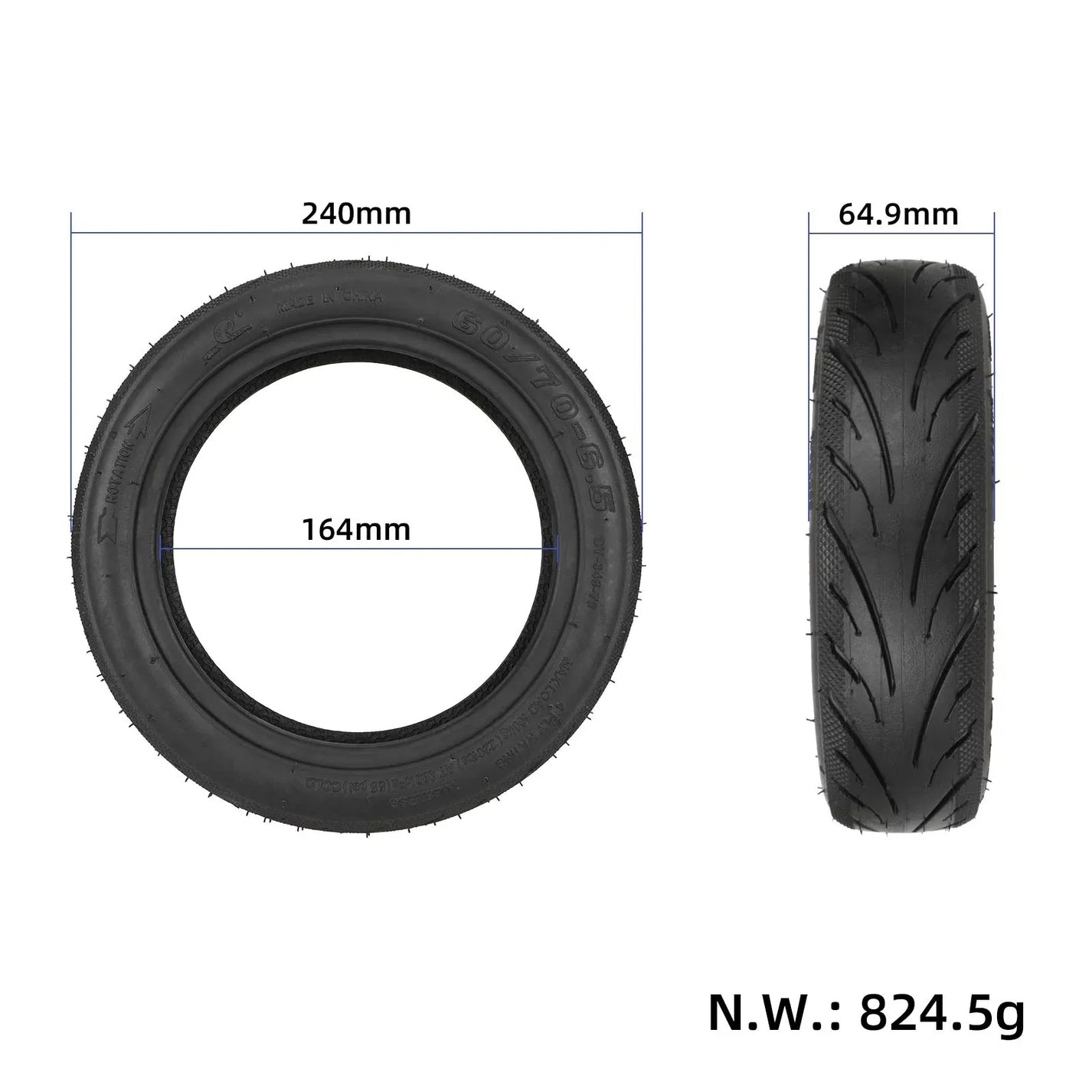 Prikaz mer pnevmatike: premer 240 mm, sedež 164 mm, širina 64,9 mm in masa 824,5 g