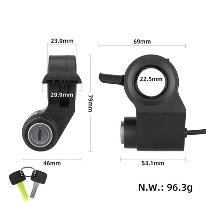Shematski prikaz dimenzij ročice za plin in ključavnice z merami 79 mm, 53,1 mm in premerom objemke 22,5 mm za KuKirin G2 Pro