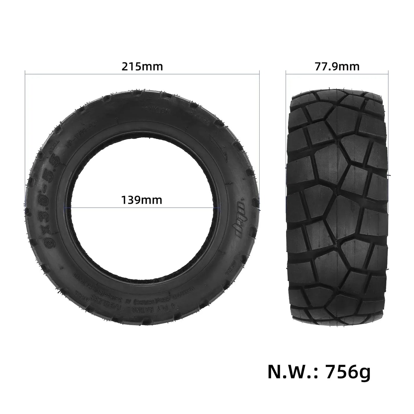 Prikaz mer pnevmatike: premer 215 mm, sedež 139 mm, širina 77,9 mm in masa 756 g