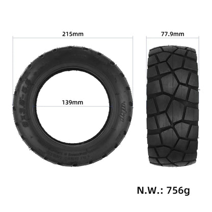 Prikaz mer pnevmatike: premer 215 mm, sedež 139 mm, širina 77,9 mm in masa 756 g