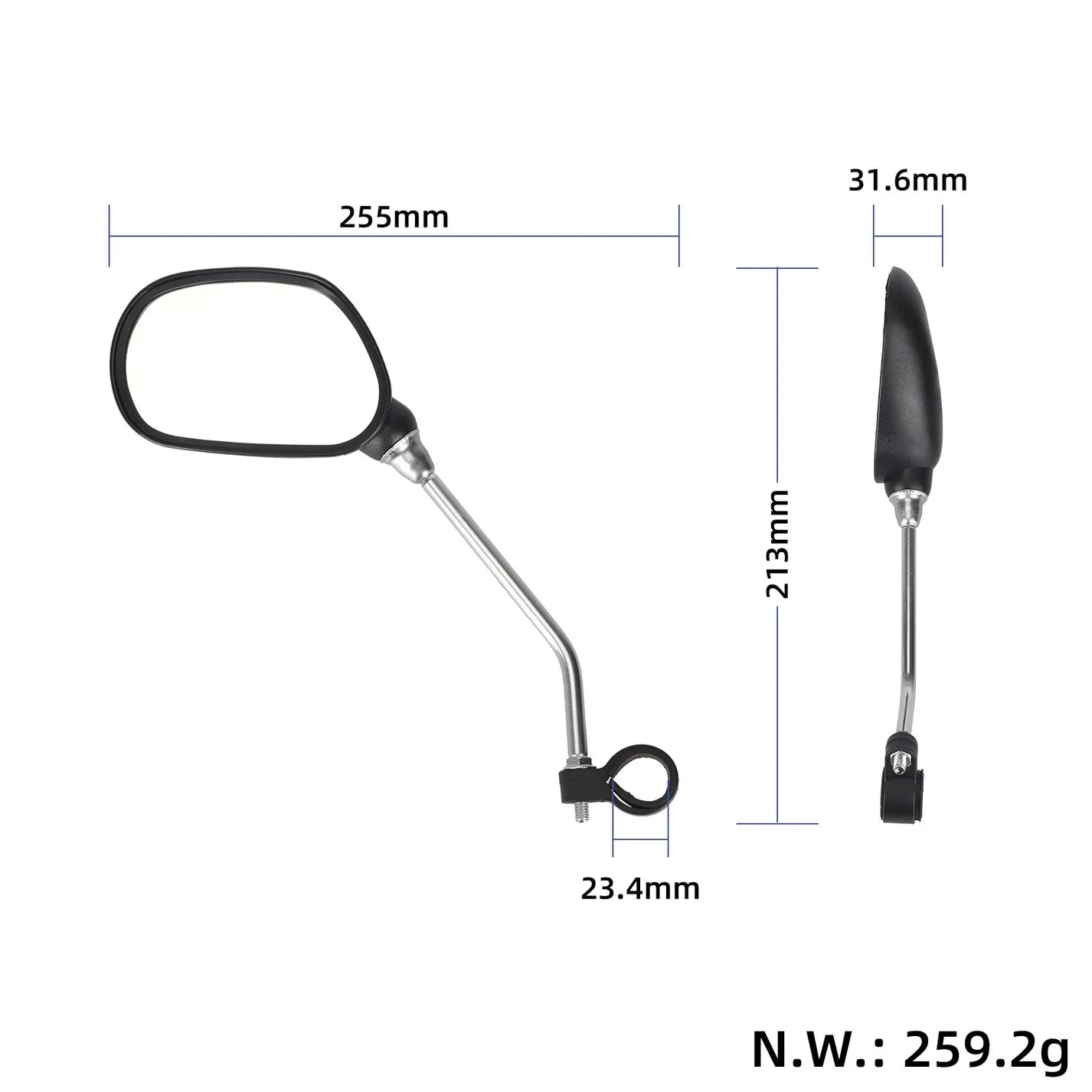 Prikaz dimenzij vzvratnega ogledala s podatki o višini 213 mm, širini 255 mm in premeru objemke 23,4 mm. za KuKirin C1 Pro