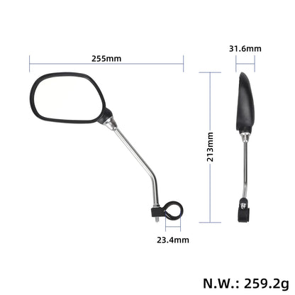 Prikaz dimenzij vzvratnega ogledala s podatki o višini 213 mm, širini 255 mm in premeru objemke 23,4 mm. za KuKirin C1 Pro