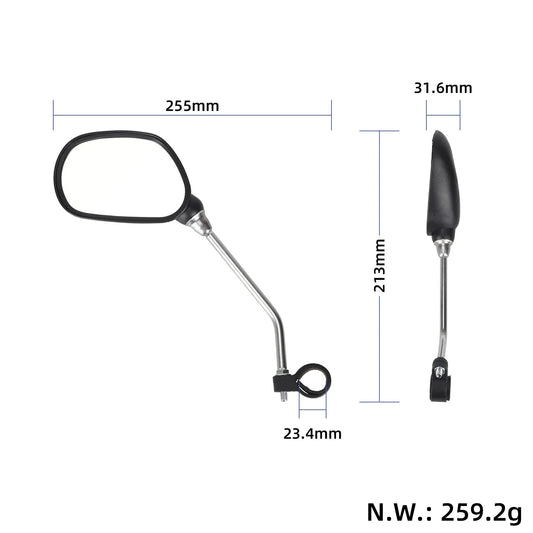 Prikaz dimenzij vzvratnega ogledala s podatki o višini 213 mm, širini 255 mm in premeru objemke 23,4 mm. za KuKirin C1 Pro