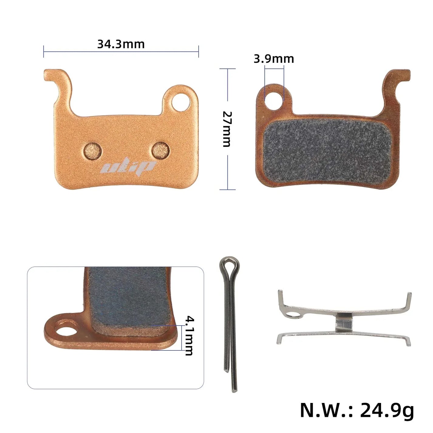 Dimenzijska shema zavorne ploščice ULIP s prikazom mer 34,3 mm krat 27 mm ter debeline 4,1 mm z neto maso 24,9 g za Xiaomi Electric Scooter 3