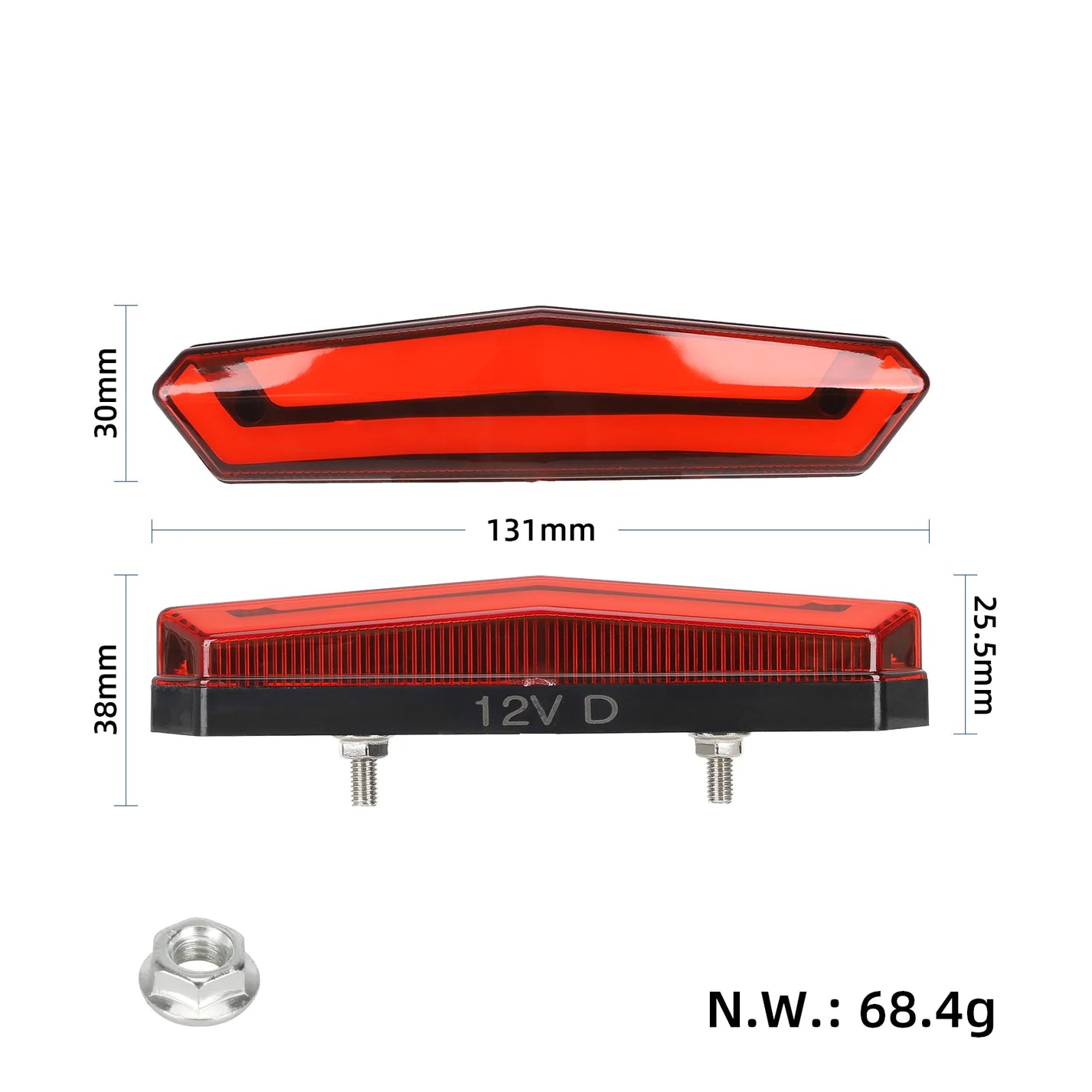 Dimenzije zadnje luči 131x30x38 mm z oznako 12V D in prikazom teže za KuKirin G2