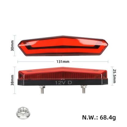 Dimenzije zadnje luči 131x30x38 mm z oznako 12V D in prikazom teže za KuKirin G2