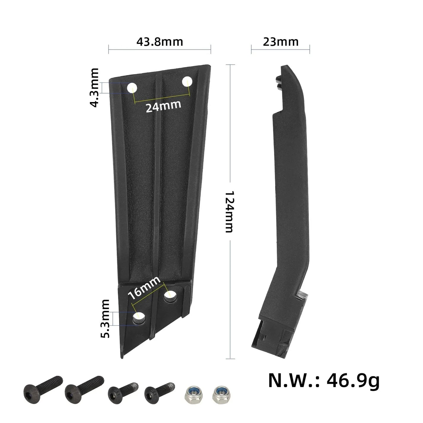 Dimenzije nosilca blatnika: dolžina 124 mm, širina 43,8 mm, globina 23 mm in teža 46,9 g za KuKirin G2 Pro