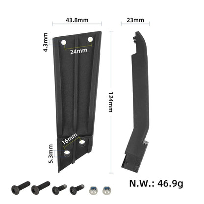 Dimenzije nosilca blatnika: dolžina 124 mm, širina 43,8 mm, globina 23 mm in teža 46,9 g za KuKirin G2 Pro