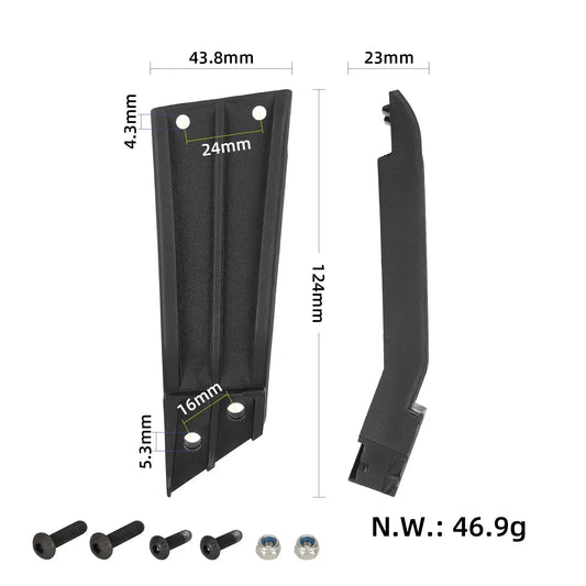 Dimenzije nosilca blatnika: dolžina 124 mm, širina 43,8 mm, globina 23 mm in teža 46,9 g za KuKirin G2 Pro
